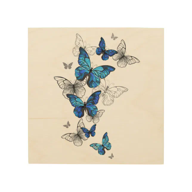 Impresión En Madera Morfo de las mariposas voladoras azules