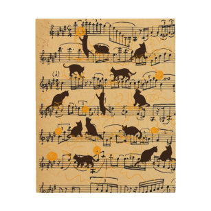 Impresión En Madera Notas musicales y gatitos