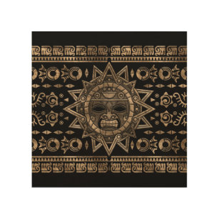 Impresión En Madera Oro azteca y negro de dios del sol