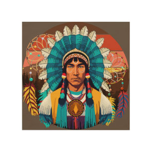 Impresión En Madera Retrato poderoso de jefe nativo americano