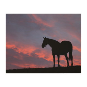 Impresión En Madera Silhouetti de caballo tostado al amanecer