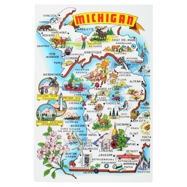 Impresión En Metal 24 x 36 Michigan Postcard Map (Anverso)