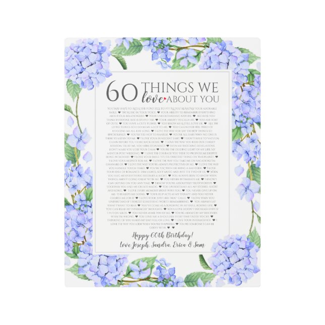 Impresión En Metal 60 cosas que nos encantan de tu regalo de hidrange (Anverso)