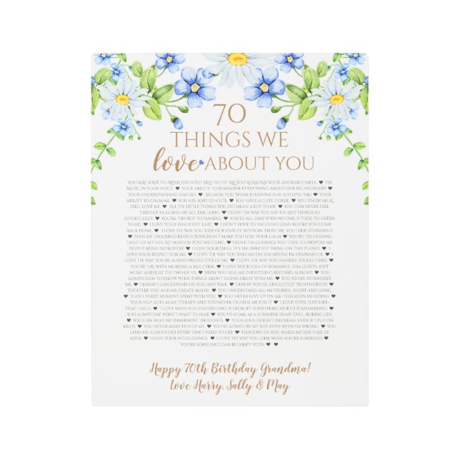 Impresión En Metal 70 cosas que nos encantan de ti margarita azul bla (Anverso)