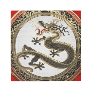 Impresión En Metal [901] Dragón oriental sagrado de oro y negro