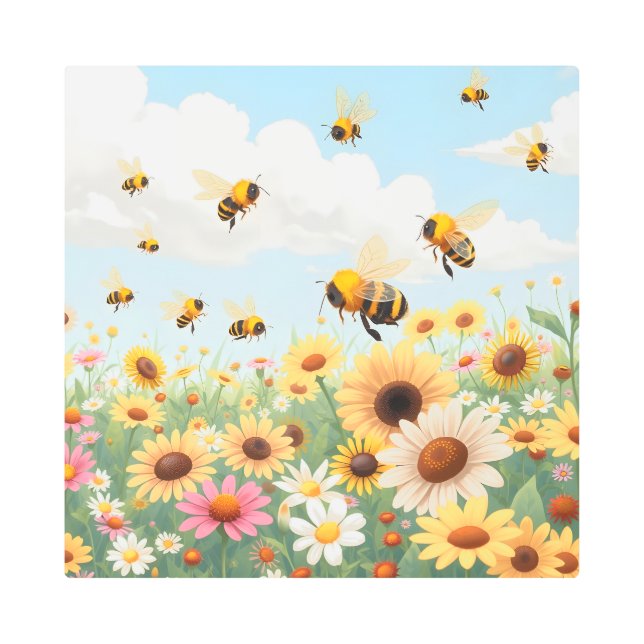 Impresión En Metal Abejas y ilustracion florido (Anverso)