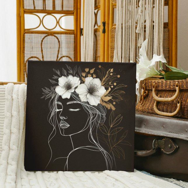 Impresión En Metal Abstract Floral Face Portrait with Golden Crown (Minimalist feminine face art with golden floral crown for modern chic home decor

)