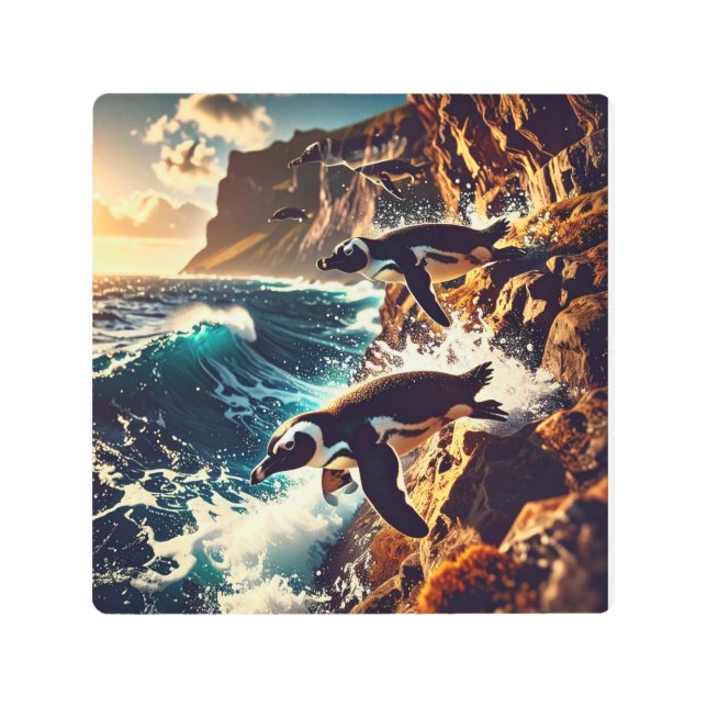 Impresión En Metal Abstract Penguins Diving - Surreal Cliff Dive (Anverso)