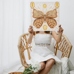 Impresión En Metal Acuarela Marrón Mariposa Sol Acentos Celestes