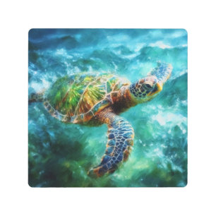 Impresión En Metal Acuarela Tortuga de mar Natación