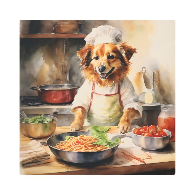 Impresión En Metal Acuarela Volpino Italiano Cocina de Perro Pasta (Anverso)