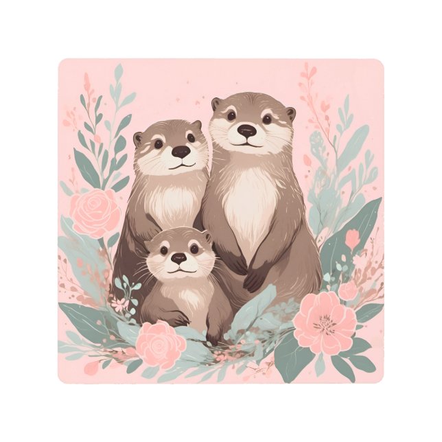 Impresión En Metal Adorable Otter Boho Rosa Mamá papá y bebé (Anverso)