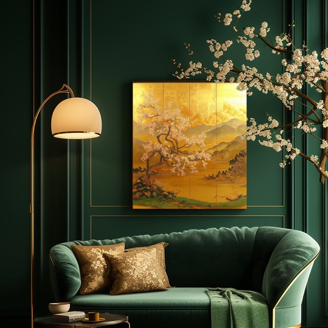 Impresión En Metal Amanecer Dorado majestuoso de inspiración asiática (Elegant Stunning Golden Cherry Blossom Edo Panel Style Metal Print )