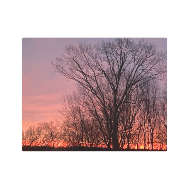 Impresión En Metal Amanecer Rojo Sobre Los Árboles De Invierno (Anverso)