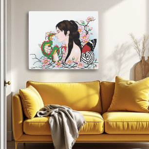 Impresión En Metal Amistad del dragón de hadas con flores de cerezo