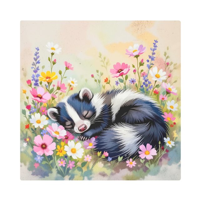 Impresión En Metal An Adorable Skunk Napping in Flowers (Anverso)