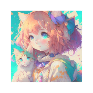 Impresión En Metal Anime Chica sostiene un gatito adorable