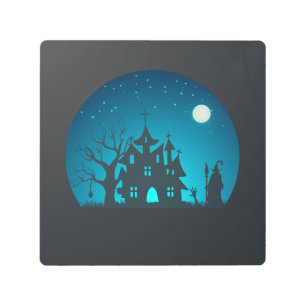 Impresión En Metal Asustada casa azul y negra temerosa y divertida