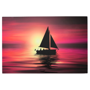 Impresión En Metal Atardecer, barco, mar con fondo Naranja