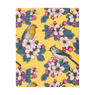 Impresión En Metal Aves y flores en amarillo