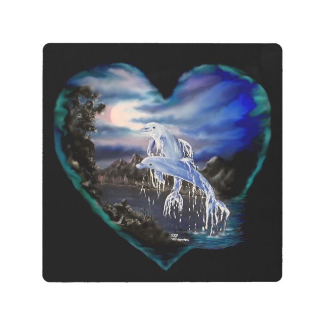 Impresión En Metal Bahía por la noche, amor a los delfines (Anverso)