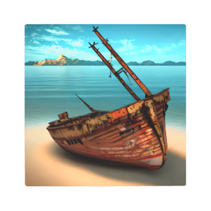 Impresión En Metal Barco en ruinas en una playa abandonada de arena