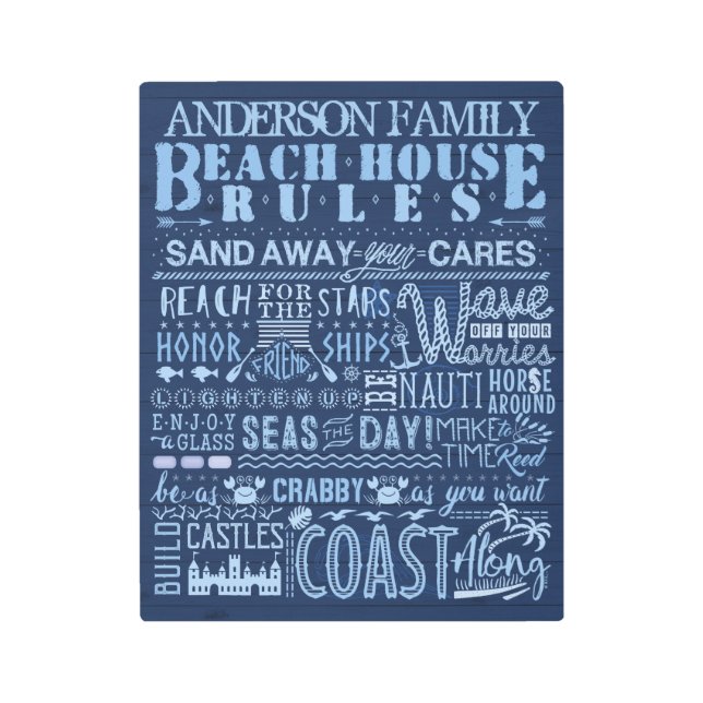 Impresión En Metal Beach House Rules Coastal Blue  | Familia Personal (Anverso)