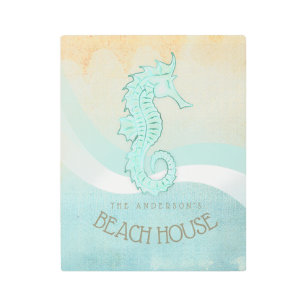 Impresión En Metal Beach House Seahorse Aqua Blue ID623