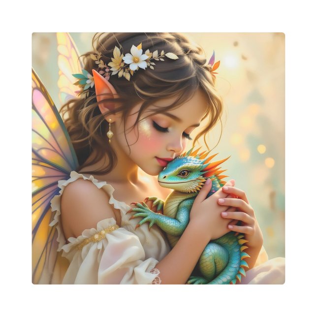 Impresión En Metal Beautiful Fairy with Green Baby Dragon (Anverso)