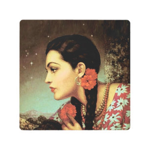 Impresión En Metal Bella Chica De Calendario Mexicano En Profundo Pen