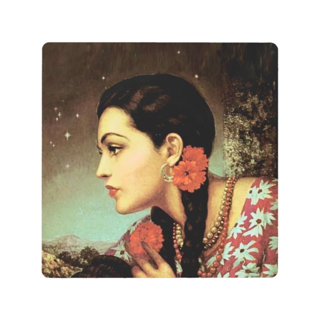 Impresión En Metal Bella Chica De Calendario Mexicano En Profundo Pen (Anverso)