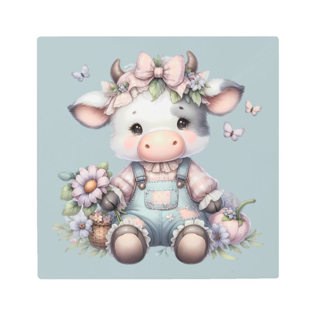 Impresión En Metal Bello Becerro Bebé con Peto y Flores (Anverso)