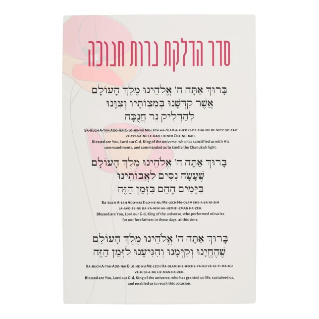 Impresión En Metal Bendiciones hebreas e inglesas para Hanukkah (Anverso)