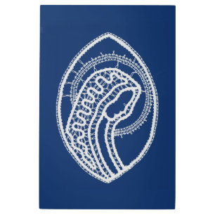 Impresión En Metal Bendita Virgen María, encaje blanco, azul marino