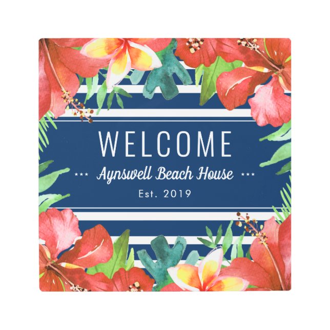 Impresión En Metal Bienvenida floral tropical de franja náutica (Anverso)