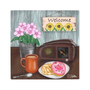 Impresión En Metal Bienvenida, girasoles, donuts y café
