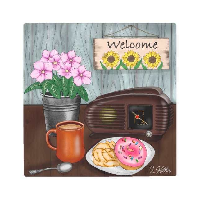 Impresión En Metal Bienvenida, girasoles, donuts y café (Anverso)
