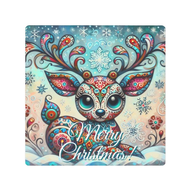 Impresión En Metal Big Eye Christmas Reindeer Folk Art Personalized (Anverso)