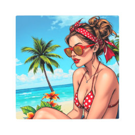 Impresión En Metal Bikini rojo, gafas de sol y mujer andana