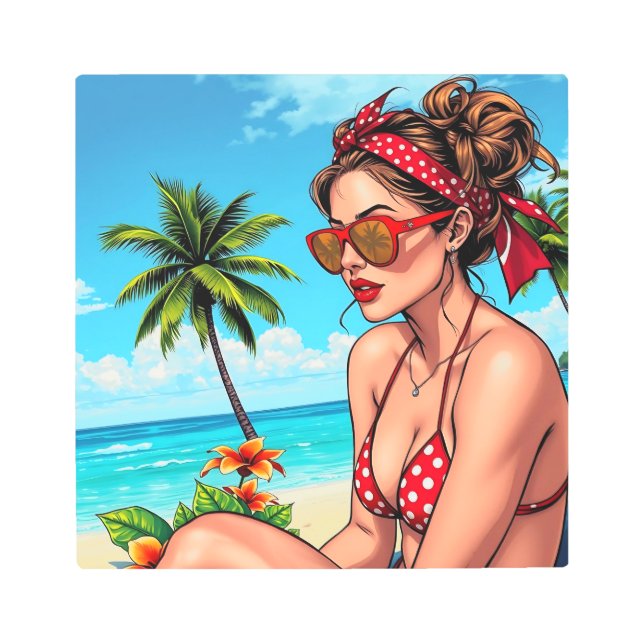 Impresión En Metal Bikini rojo, gafas de sol y mujer andana (Anverso)