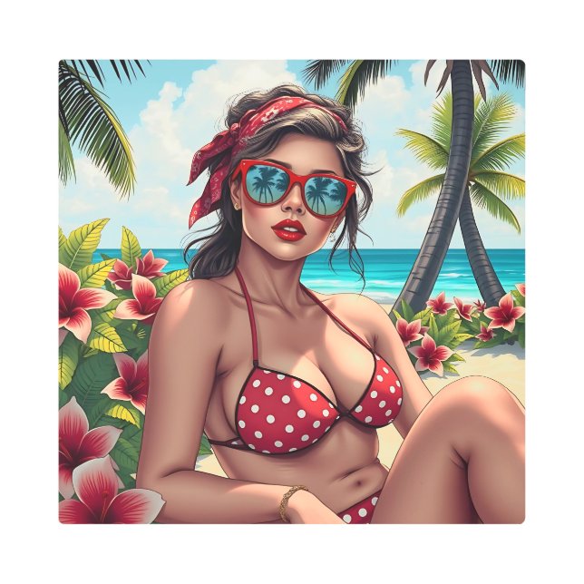 Impresión En Metal Bikini rojo, gafas de sol y mujer andana (Anverso)