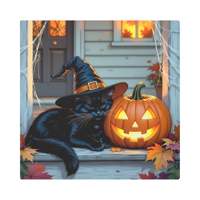 Impresión En Metal Black Cat Napping Pumpkin Halloween   (Anverso)