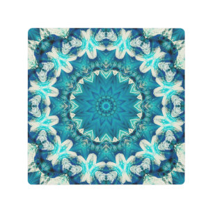 Impresión En Metal Blue Aqua Mandala Rosette Retro Hippie