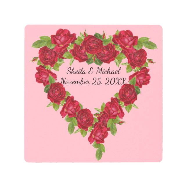 Impresión En Metal Boda de forma cardíaca Wreath de Rosas en rosa (Anverso)
