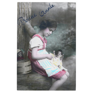 Impresión En Metal Bonne Année Vintage Chica con muñeca