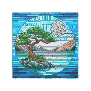 Impresión En Metal Bonsai Tree Full Moon Mosaic Art