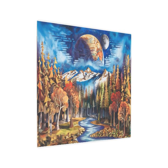 Impresión En Metal Bosque otoñal con majestuosa Tierra y cielo lunar (Angulado)