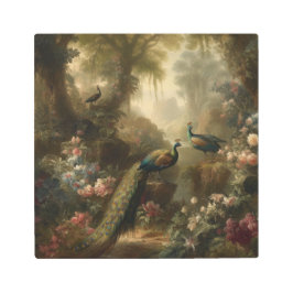 Impresión En Metal Botánico: tres pavos reales en jardín inglés