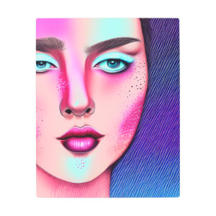 Impresión En Metal Brillante Rosa Ombre Boho Pop Retro Lady