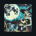 Impresión En Metal Bruja de Halloween vintage agitando un caldero<br><div class="desc">Vintage escena de Halloween con una bruja agitando un caldero bajo una luna llena mientras los gatos negros miran.</div>